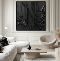 Obsidian Flow-Bold Black Abstract Textured Oil Painting for Minimalist Interiors