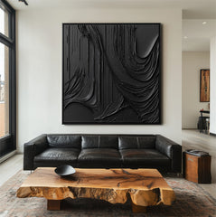 Obsidian Flow-Bold Black Abstract Textured Oil Painting for Minimalist Interiors