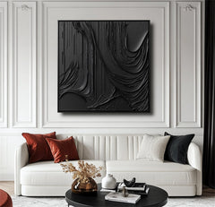Obsidian Flow-Bold Black Abstract Textured Oil Painting for Minimalist Interiors