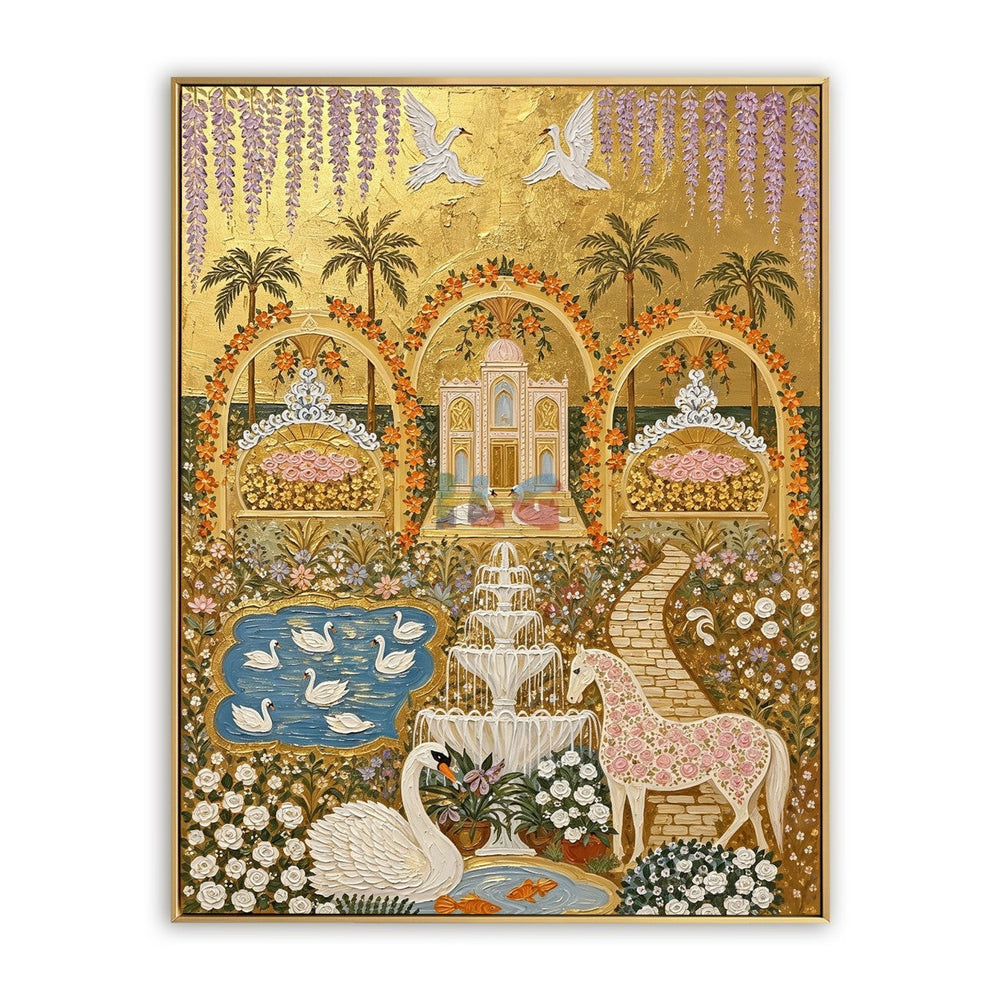 Palace Bloom Menagerie – Ornate Gold Garden Wall Art hand-painted wall art