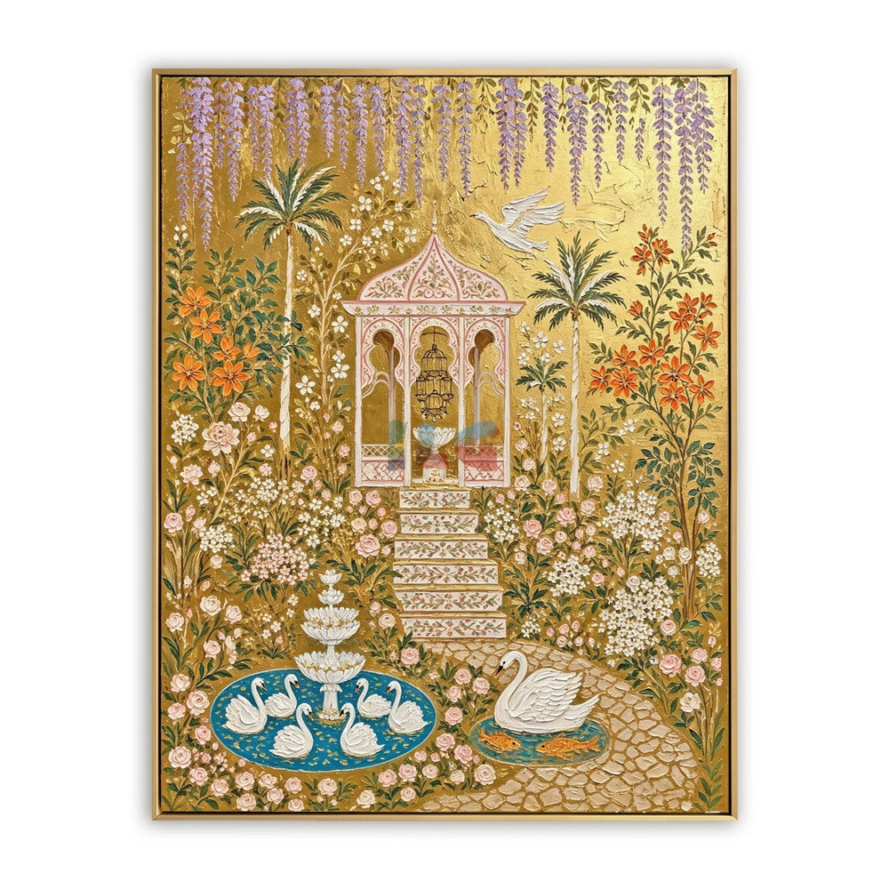 Wisteria Swan Pavilion – Ornate Gold Garden Wall Art hand-painted wall art