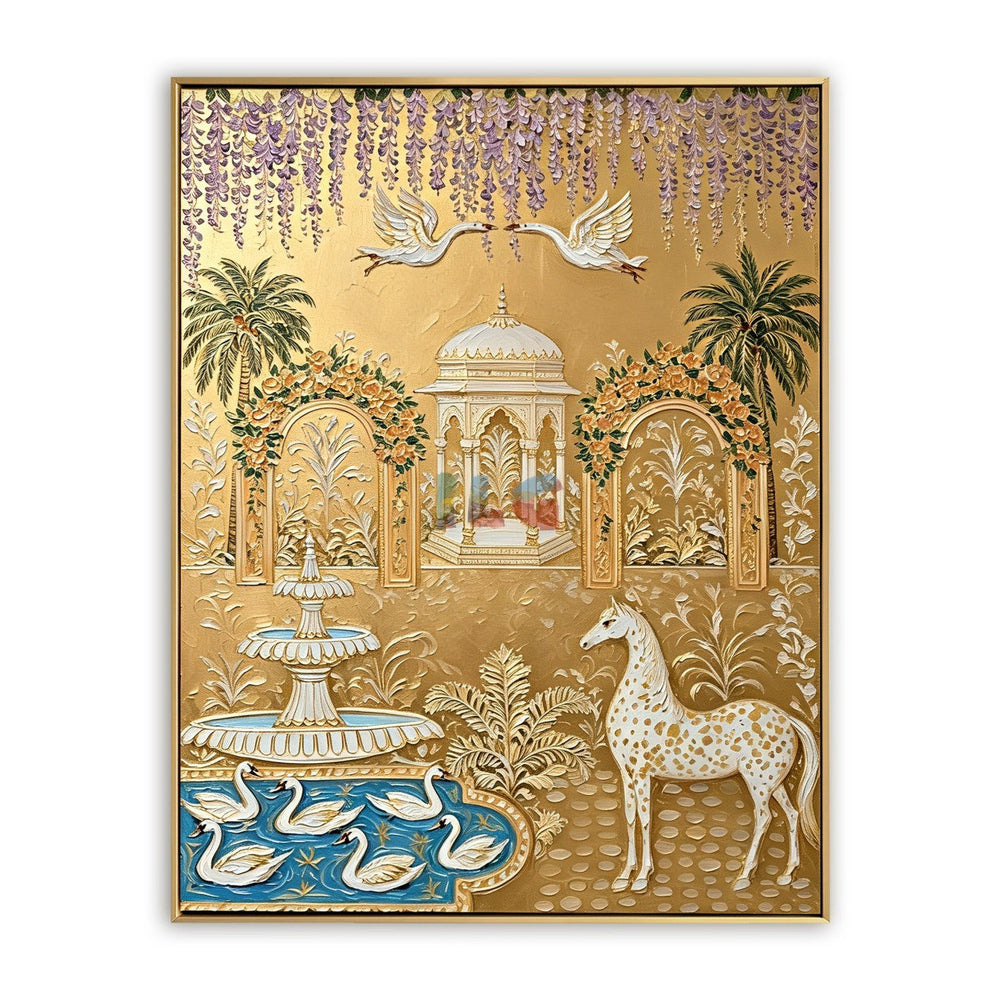 Imperial Crane Oasis – Ornate Gold Garden Wall Art hand-painted wall art