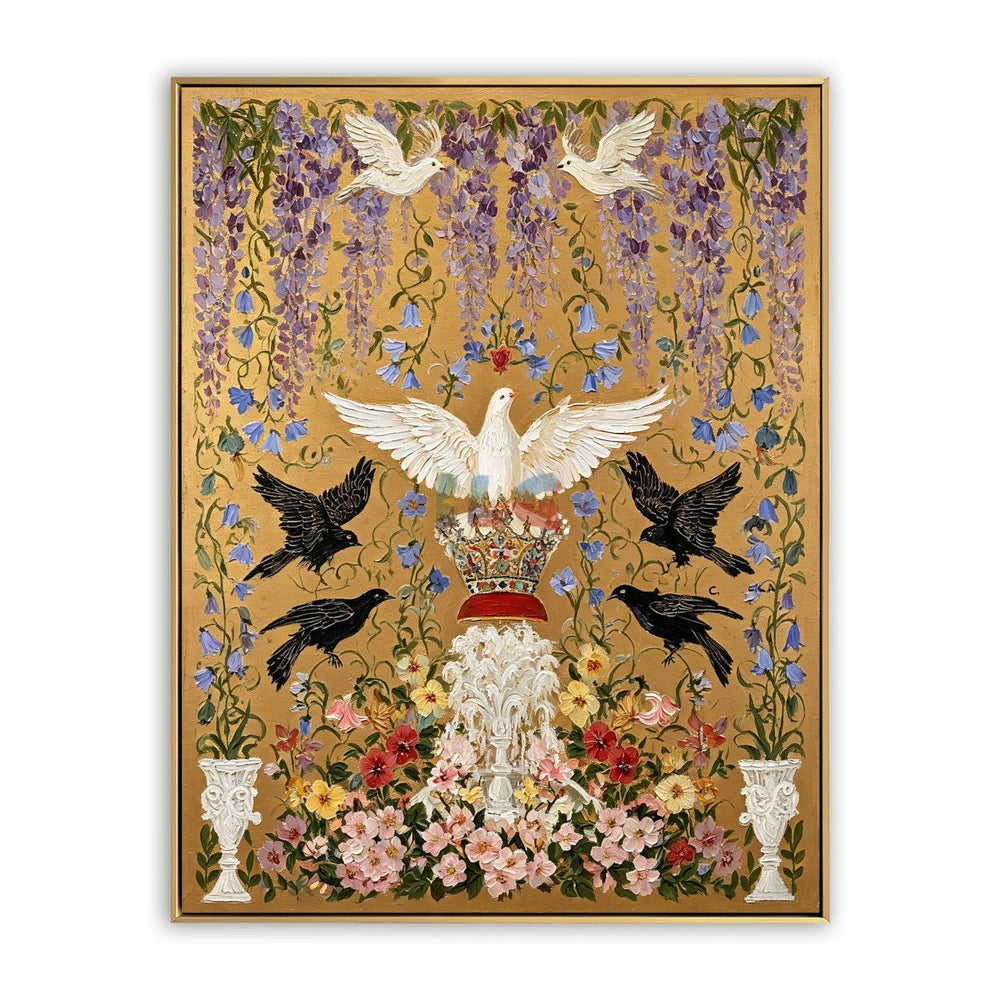 Crowned Dove Aviary – Ornate Gold Botanical Wall Art hand-painted wall art