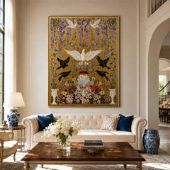 Crowned Dove Aviary – Ornate Gold Botanical Wall Art