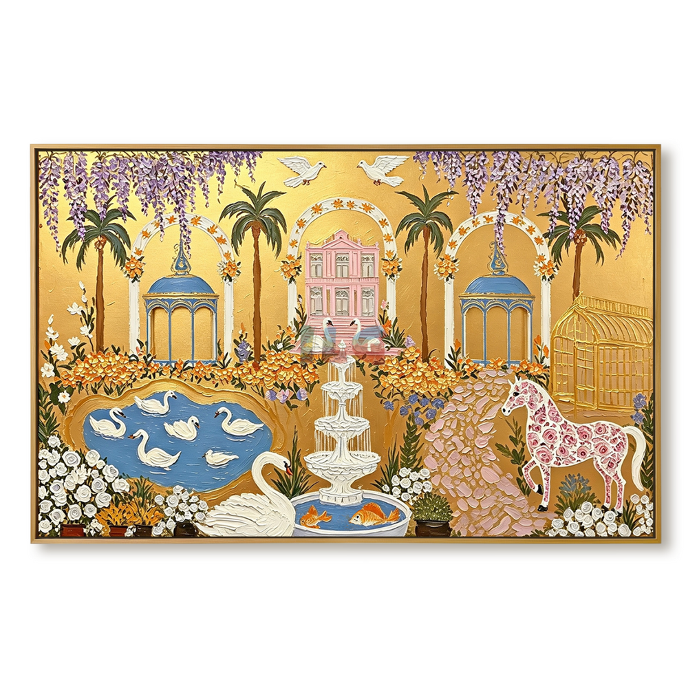 Blush Chateau Garden – Ornate Gold Botanical Wall Art hand-painted wall art