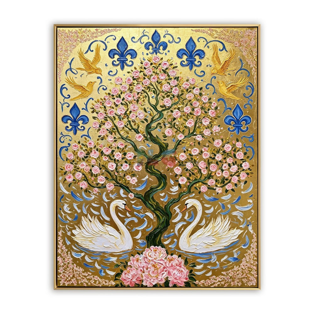 Rose Tree Swan Heraldry – Ornate Gold Botanical Wall Art hand-painted wall art