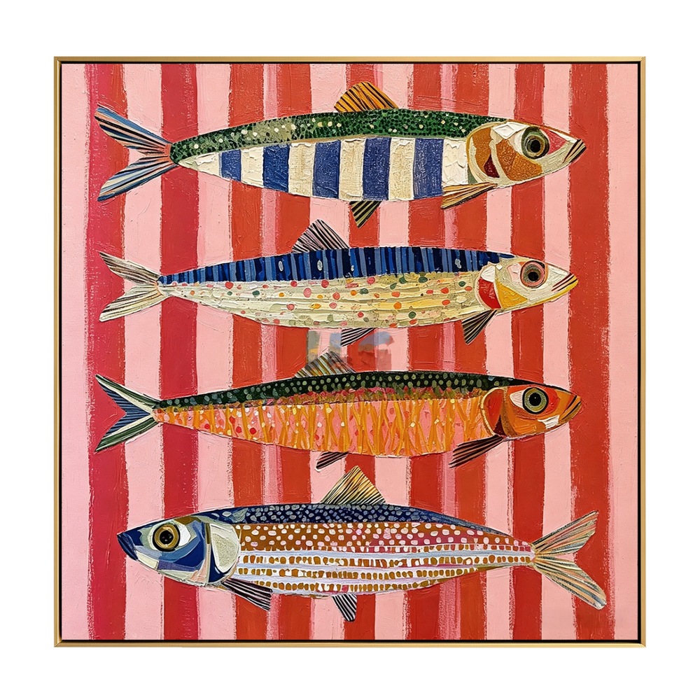 Coral Stripe Fish Quartet – Coastal Abstract Wall Art hand-painted wall art