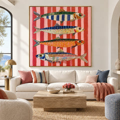Coral Stripe Fish Quartet – Coastal Abstract Wall Art
