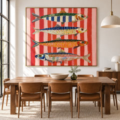 Coral Stripe Fish Quartet – Coastal Abstract Wall Art