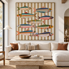 Harbor Stripe Fish Parade – Coastal Abstract Wall Art