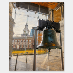 Liberty Bell and Independence Hall patriotic oil painting on a light gray background with a soft lower-right shadow