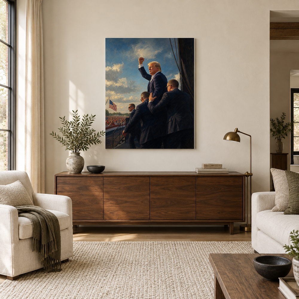 Defiance in Butler oil painting above a walnut console in a daylit living room