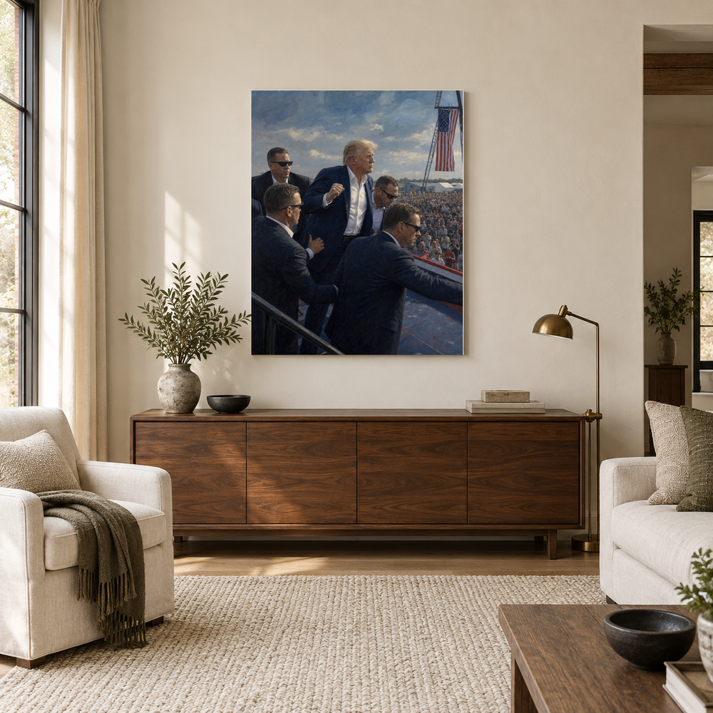 Still Standing oil painting above a walnut console in a daylit living room