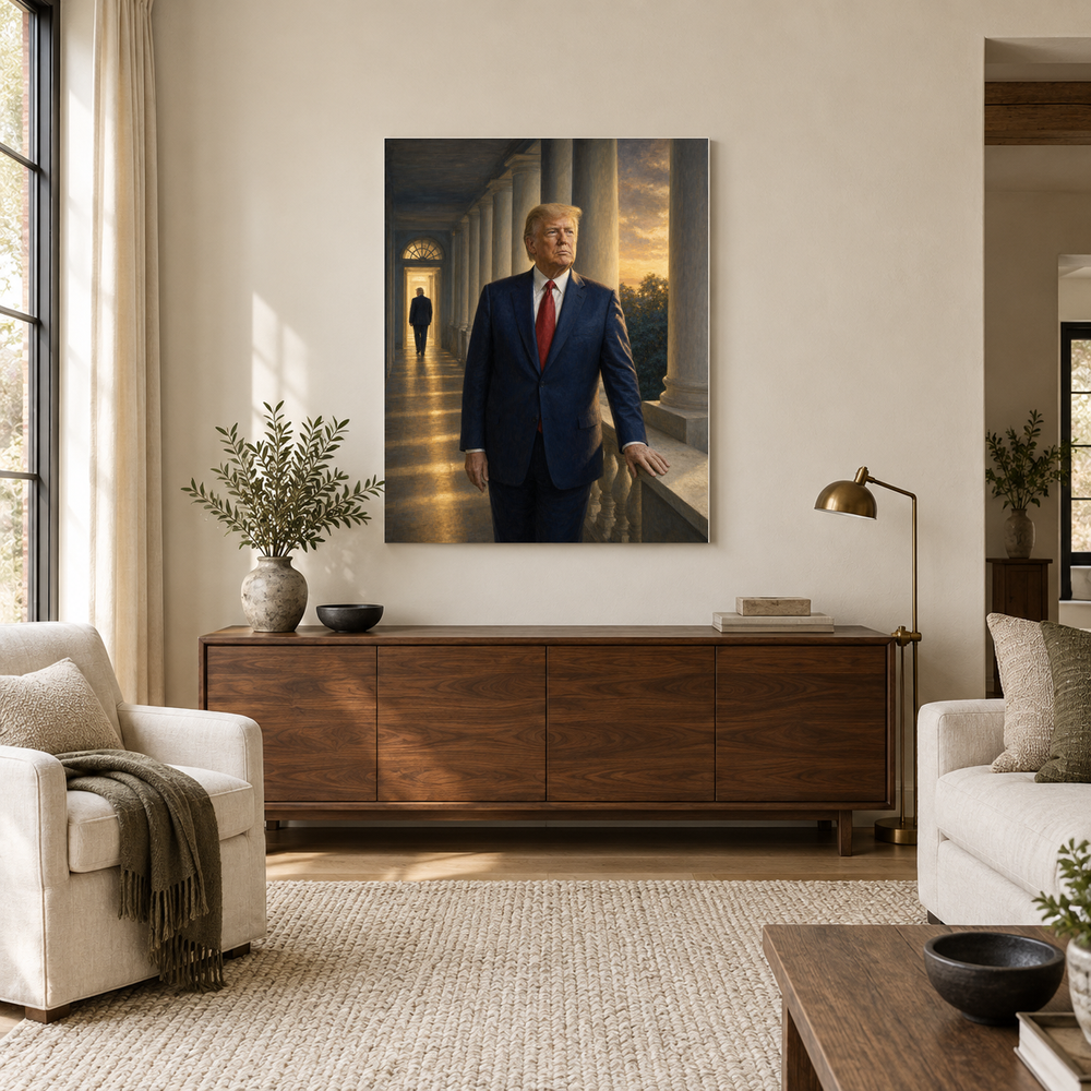 45 & 47 oil painting above a walnut console in a daylit living room