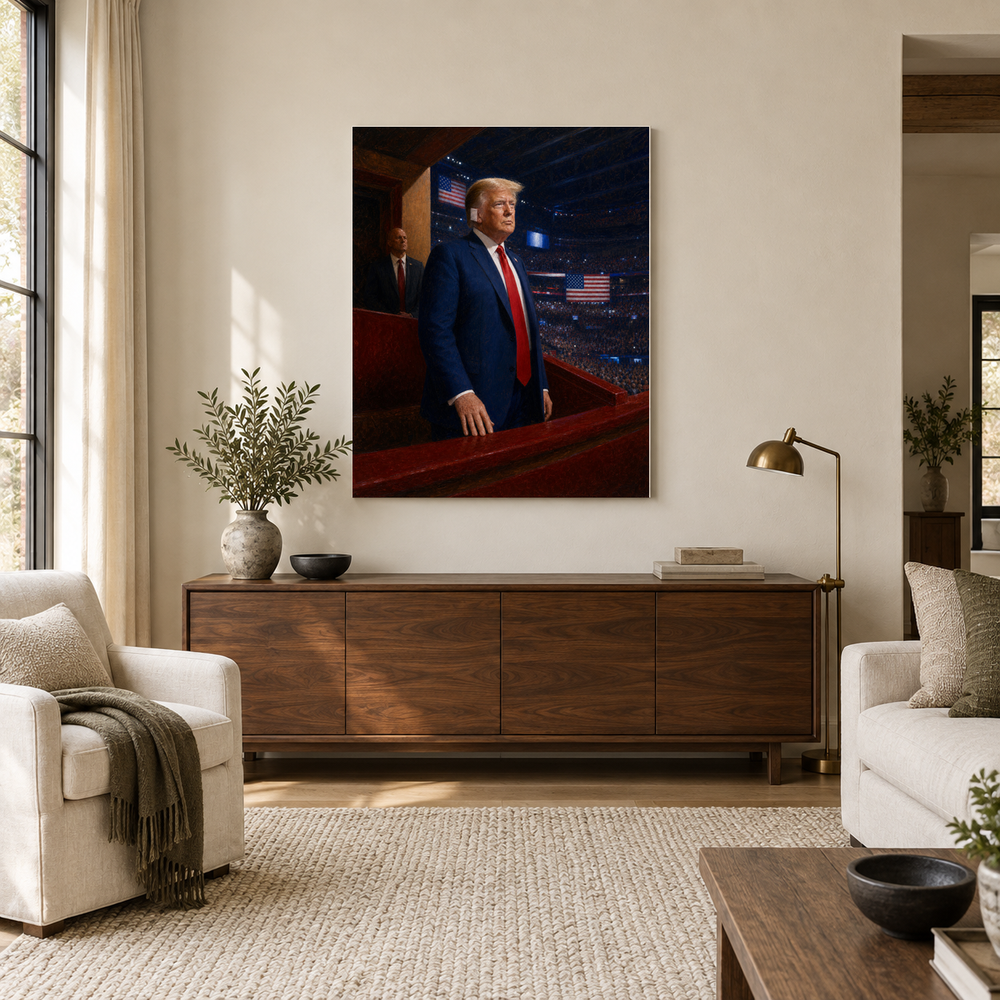Unbroken at the Convention oil painting above a walnut console in a daylit living room