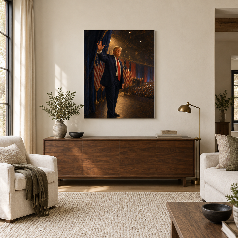 The Comeback oil painting above a walnut console in a daylit living room
