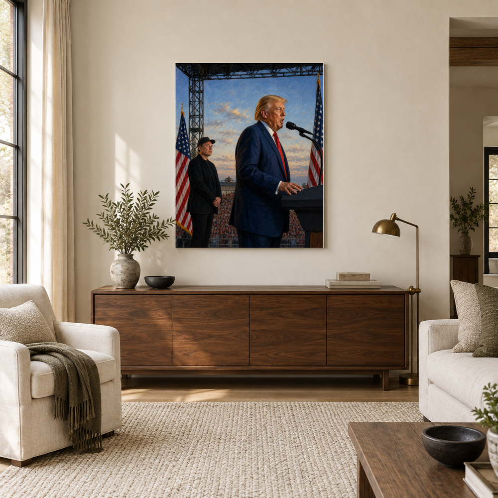 Return to Butler oil painting above a walnut console in a daylit living room