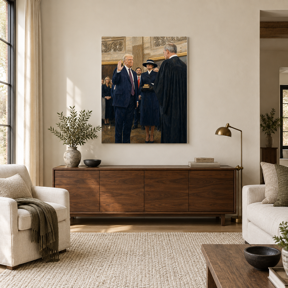 The Oath Returns oil painting above a walnut console in a daylit living room