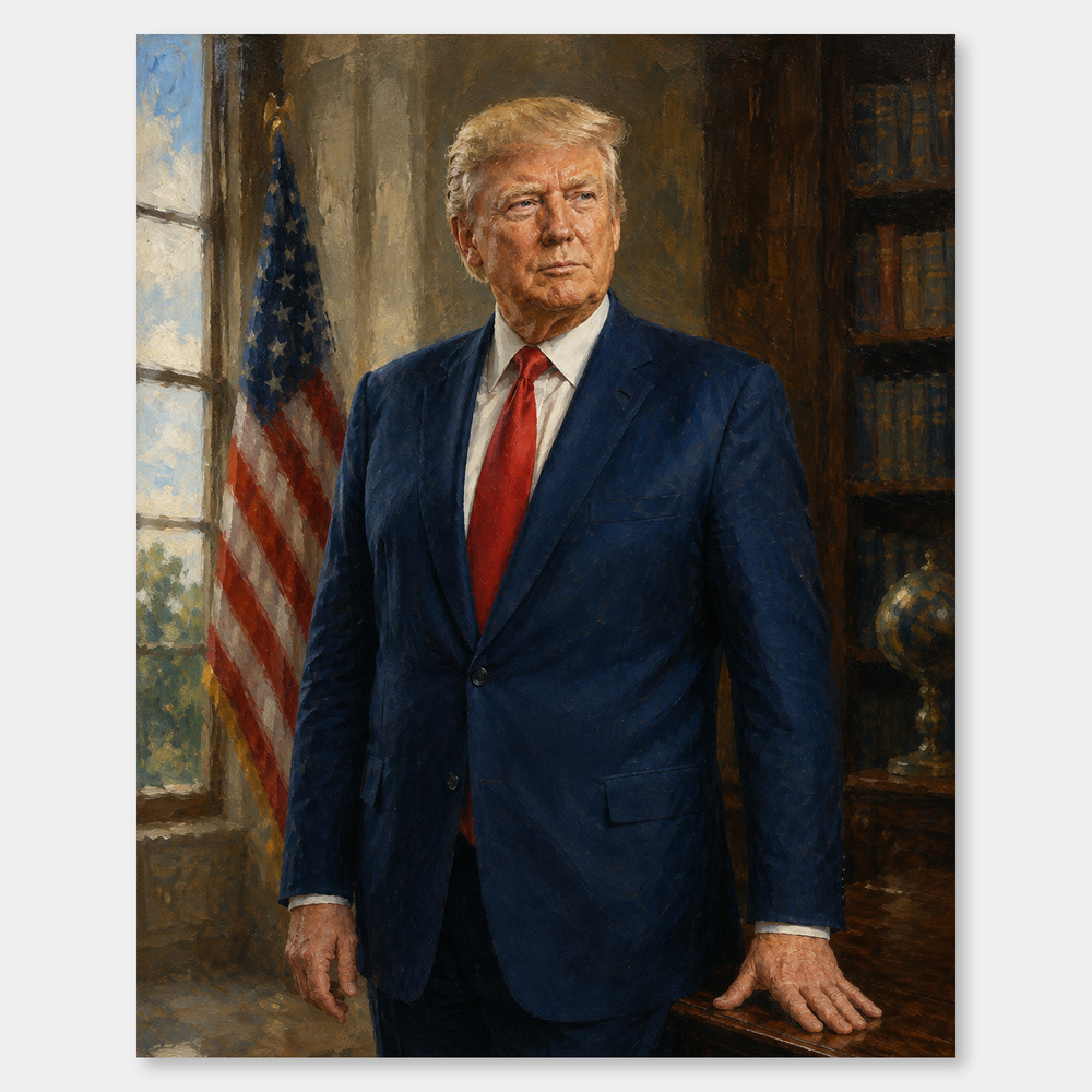 The 47th President oil painting, complete artwork on a light gray background