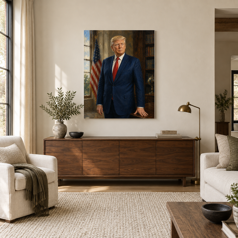 The 47th President oil painting above a walnut console in a daylit living room