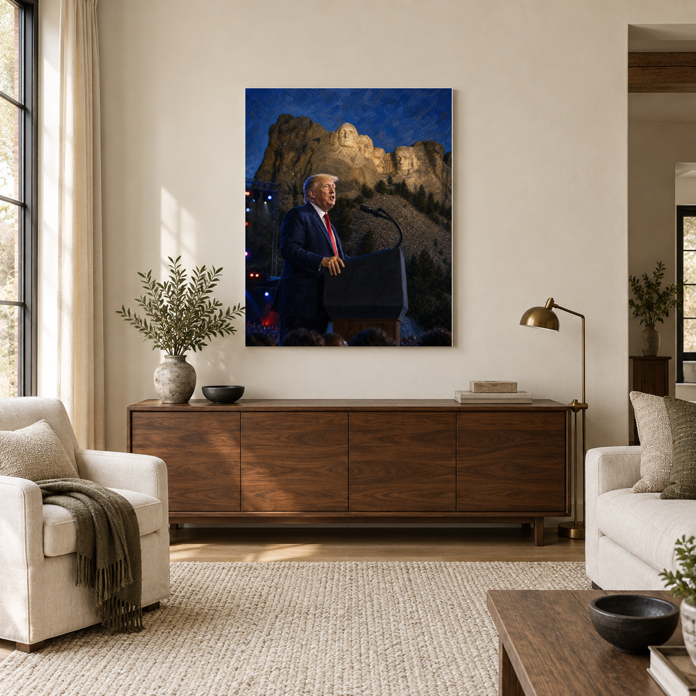 At the Shrine of Democracy oil painting above a walnut console in a daylit living room