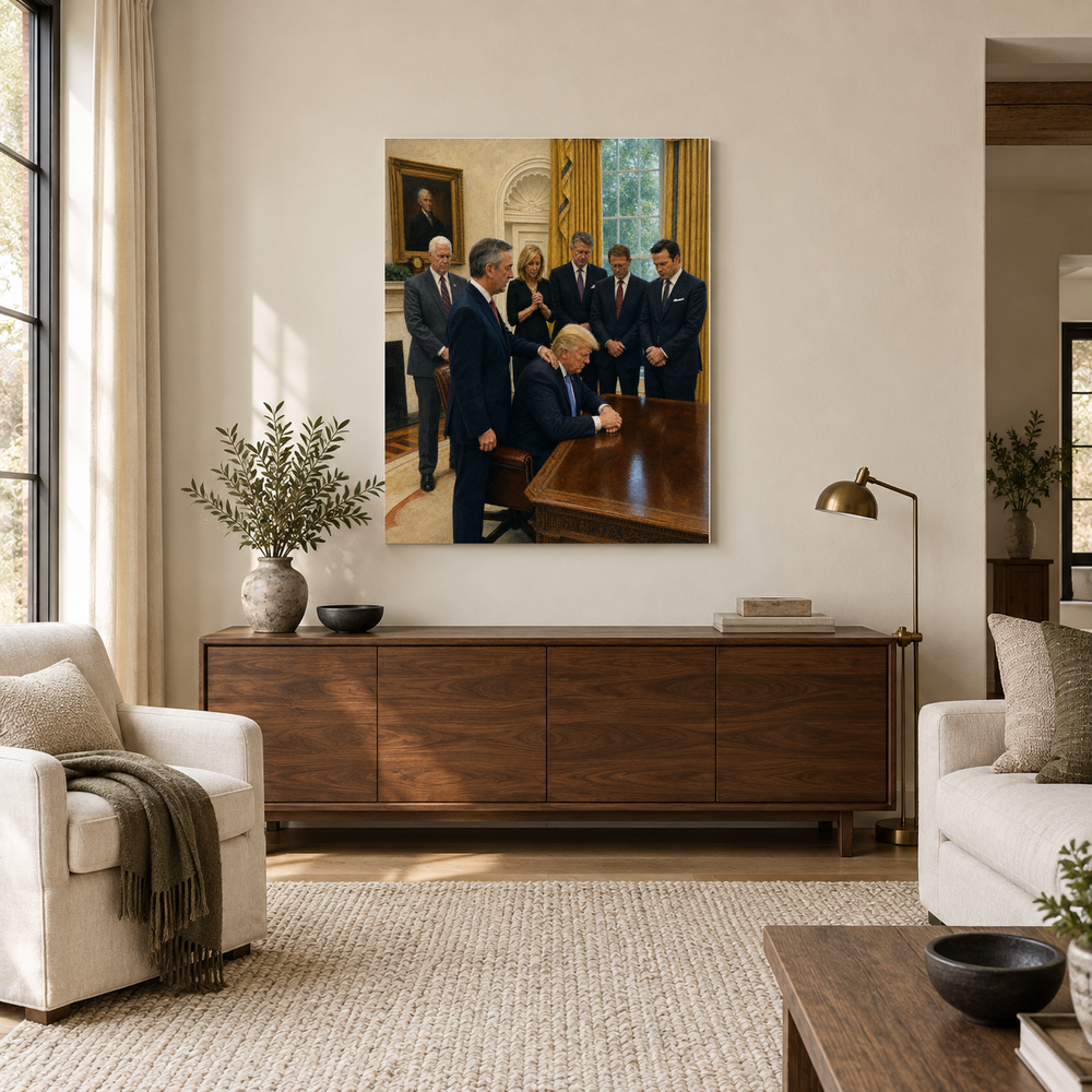 Oval Office Prayer oil painting above a walnut console in a daylit living room