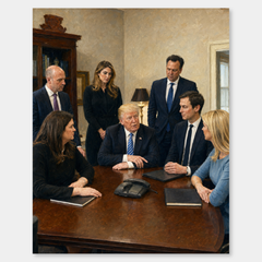 The Inner Circle oil painting, complete artwork on a light gray background