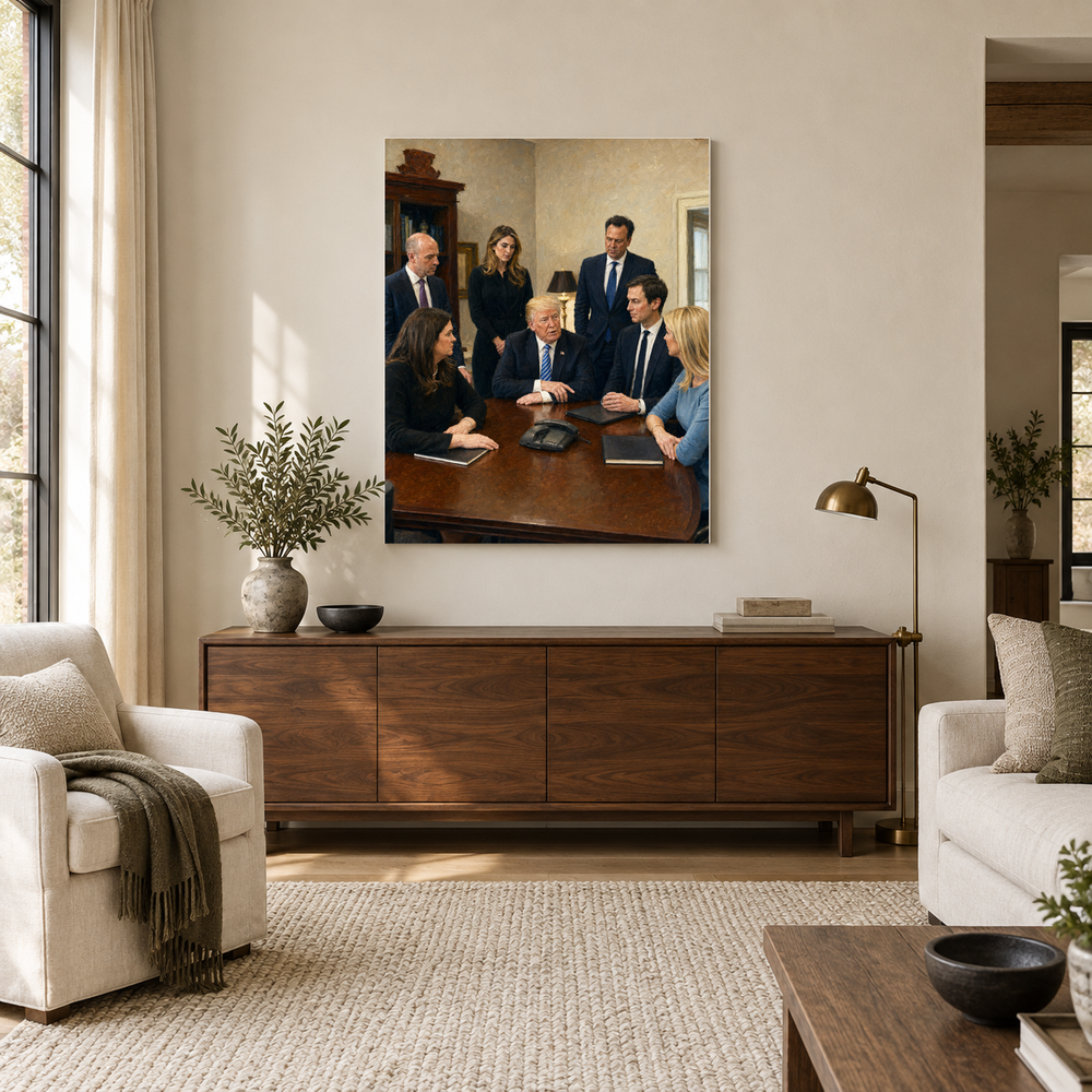 The Inner Circle oil painting above a walnut console in a daylit living room
