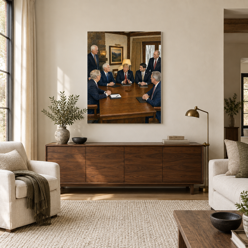In the War Room oil painting above a walnut console in a daylit living room