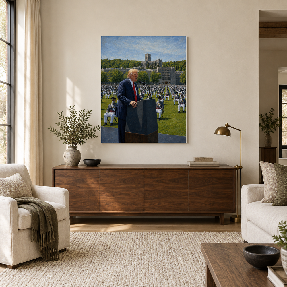 Commander in Chief oil painting above a walnut console in a daylit living room