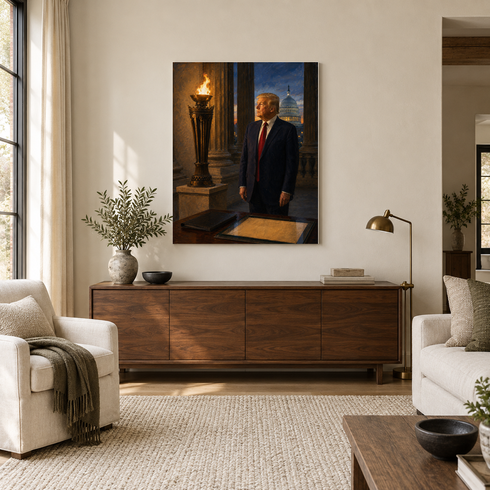 The Torch of the Republic oil painting above a walnut console in a daylit living room