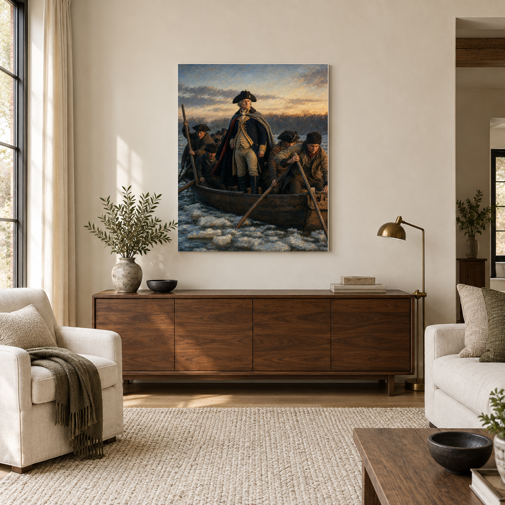 Washington Crossing the Delaware oil painting above a walnut console in a daylit living room