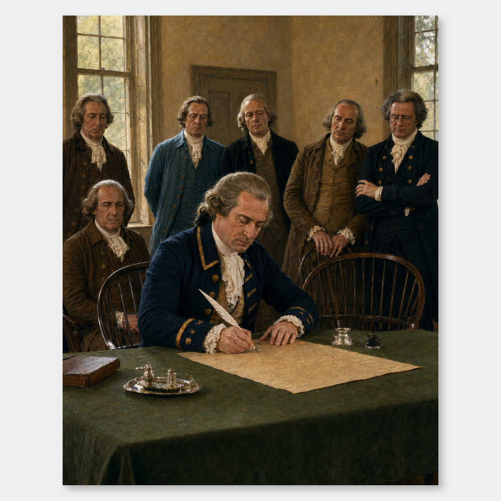 The Signing of Independence oil painting, complete artwork on a light gray background