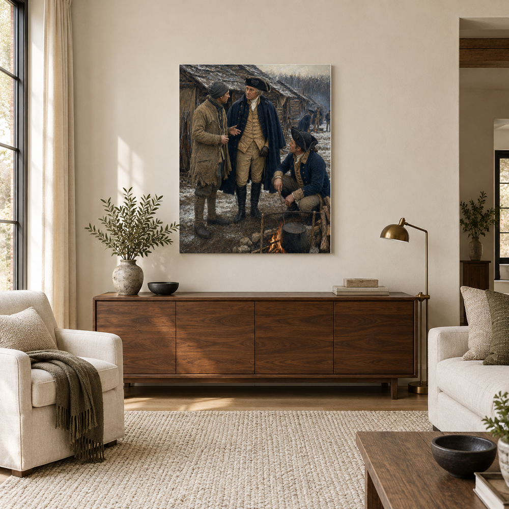 Winter at Valley Forge oil painting above a walnut console in a daylit living room