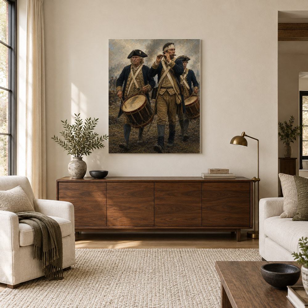 The Spirit of ’76 oil painting above a walnut console in a daylit living room