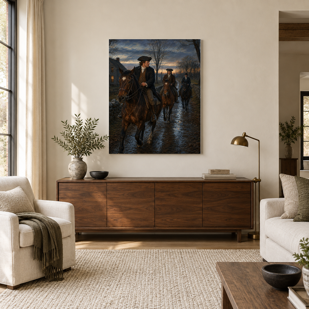 Paul Revere’s Midnight Ride oil painting above a walnut console in a daylit living room