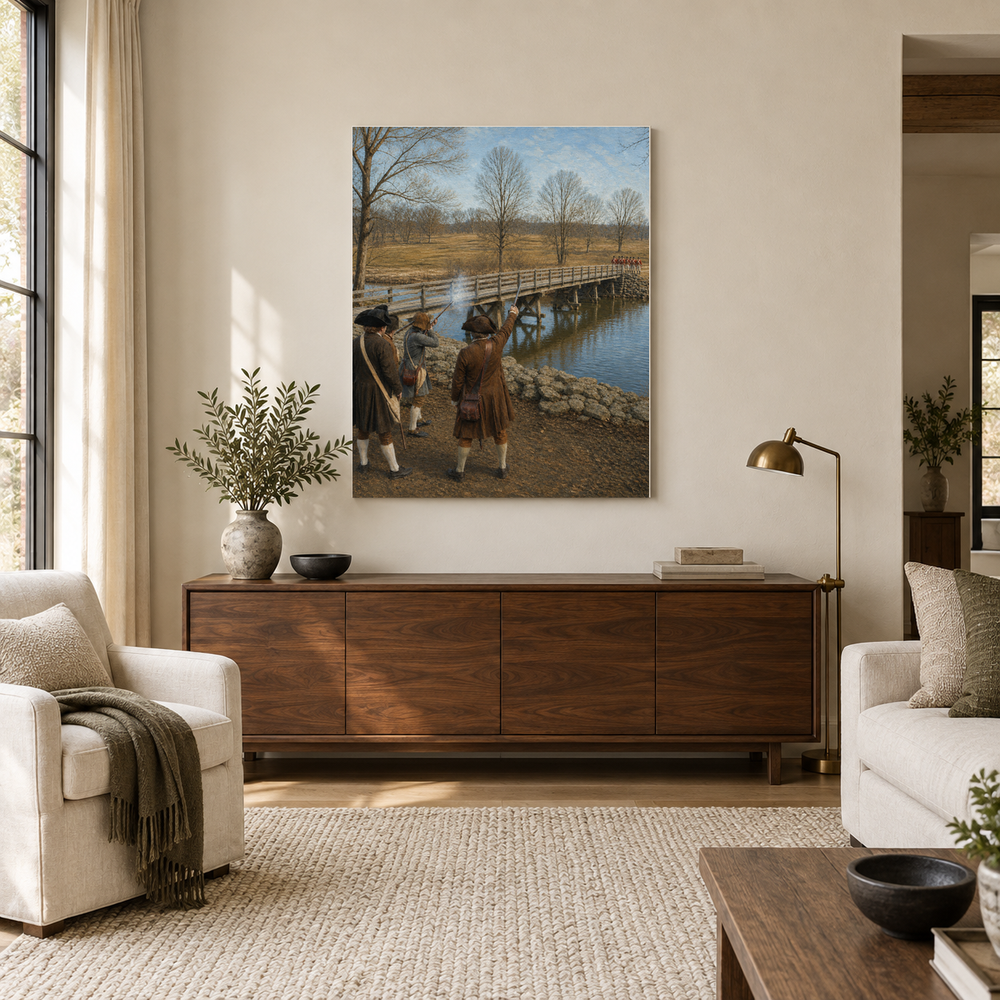 The Shot Heard Round the World oil painting above a walnut console in a daylit living room