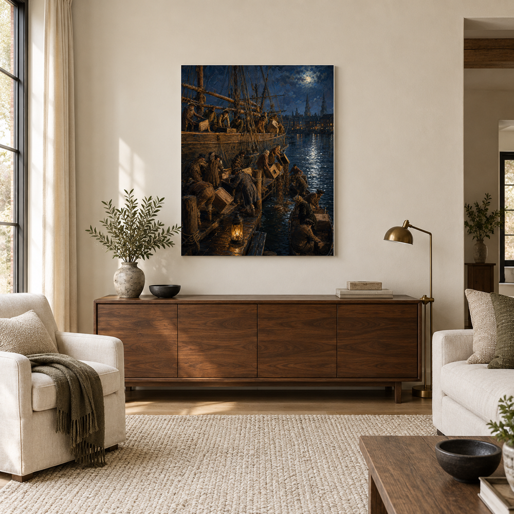 Boston Tea Party oil painting above a walnut console in a daylit living room