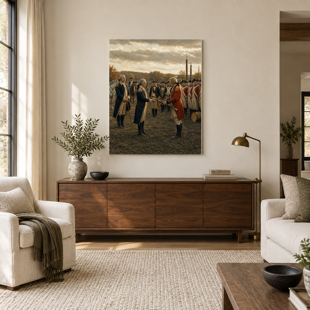 Victory at Yorktown oil painting above a walnut console in a daylit living room