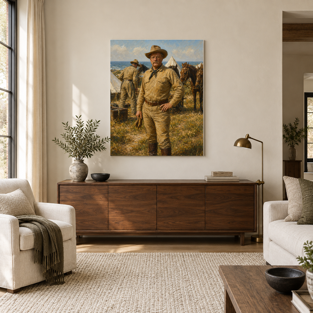 The Rough Rider oil painting above a walnut console in a daylit living room