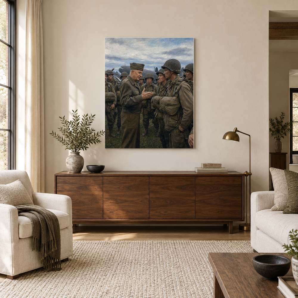 Eisenhower Before D-Day oil painting above a walnut console in a daylit living room