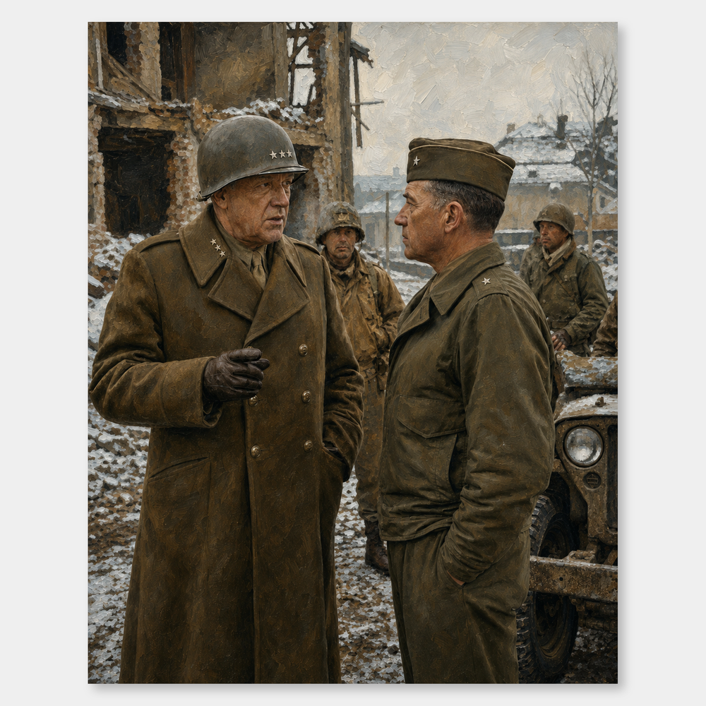 Patton at the Front oil painting, complete artwork on a light gray background