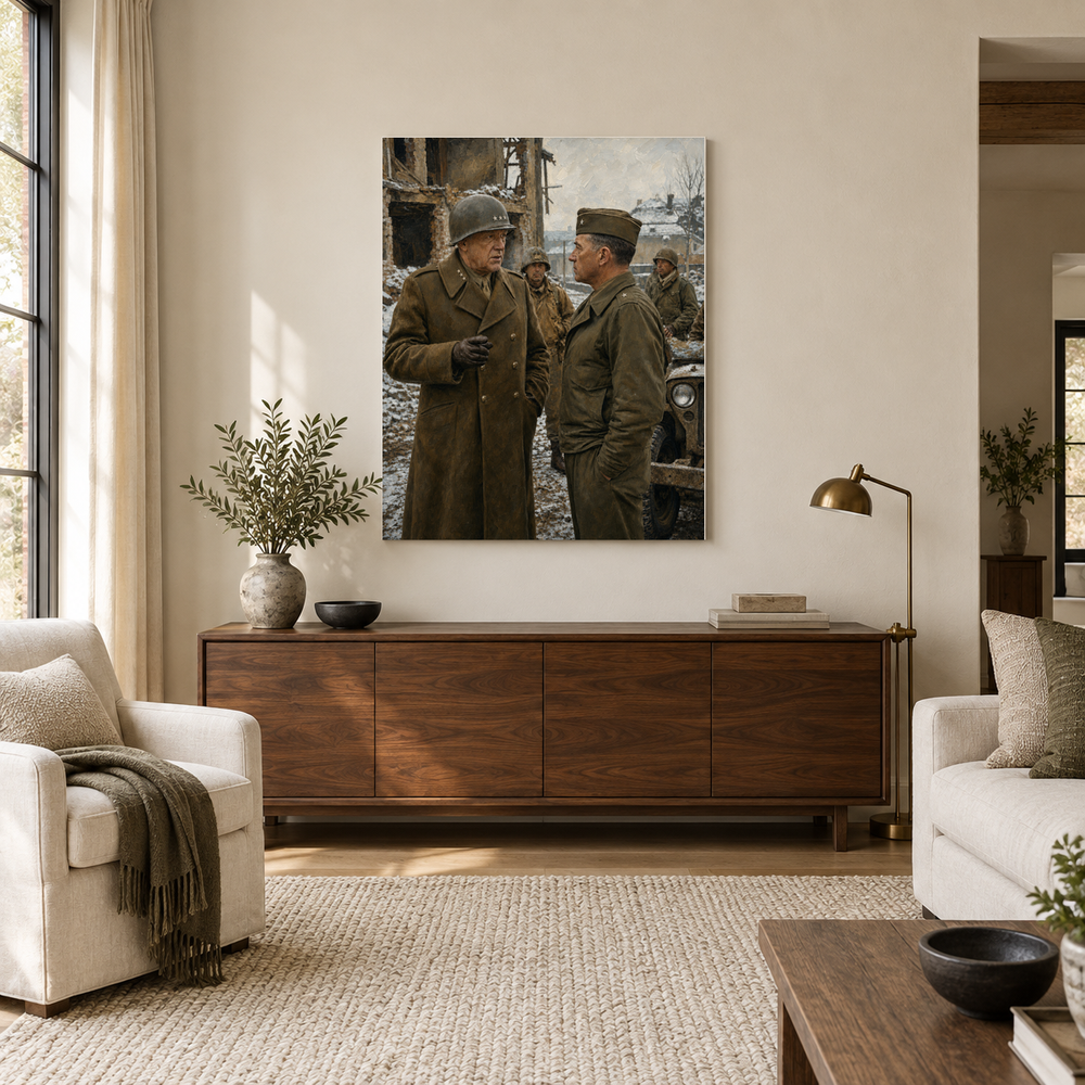 Patton at the Front oil painting above a walnut console in a daylit living room