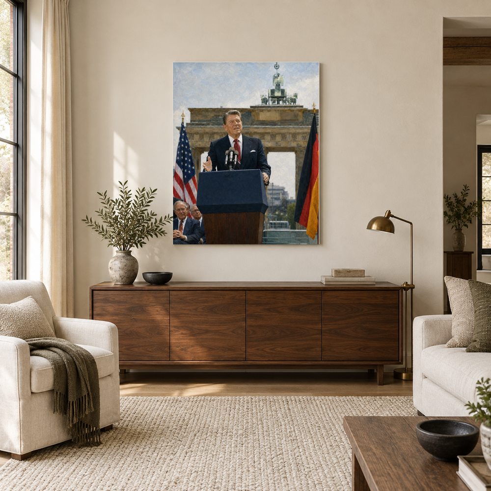 Reagan at the Berlin Wall oil painting above a walnut console in a daylit living room