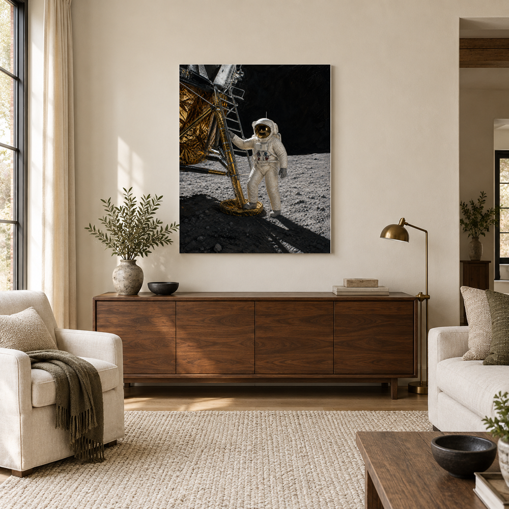One Giant Leap oil painting above a walnut console in a daylit living room