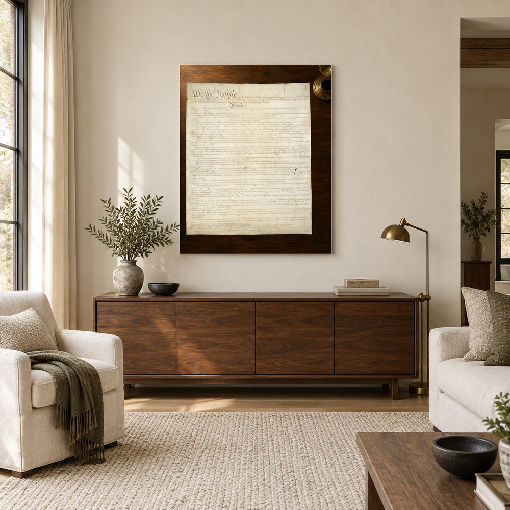 We the People oil painting above a walnut console in a daylit living room