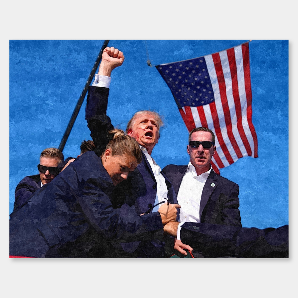 Donald Trump at Butler oil painting, complete artwork on a light gray background