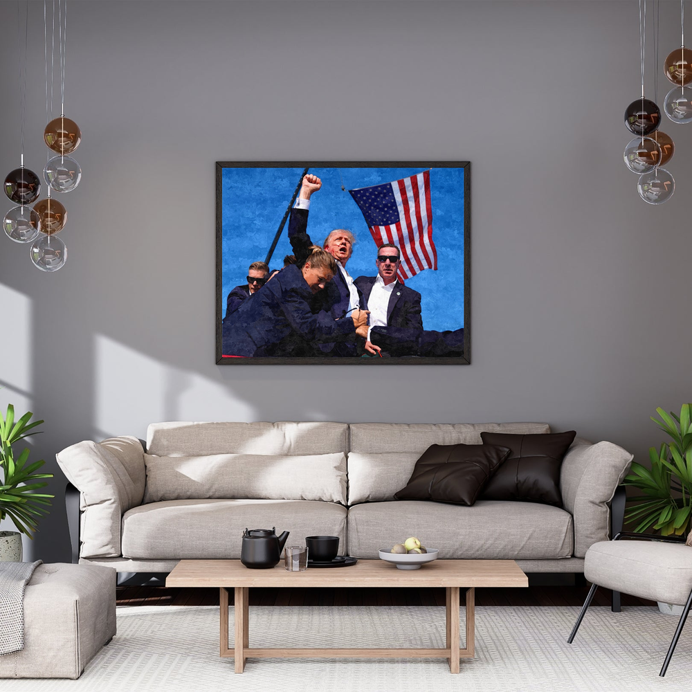 Donald Trump at Butler oil painting displayed in a gray living room