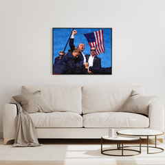 Donald Trump at Butler oil painting displayed in a neutral living room