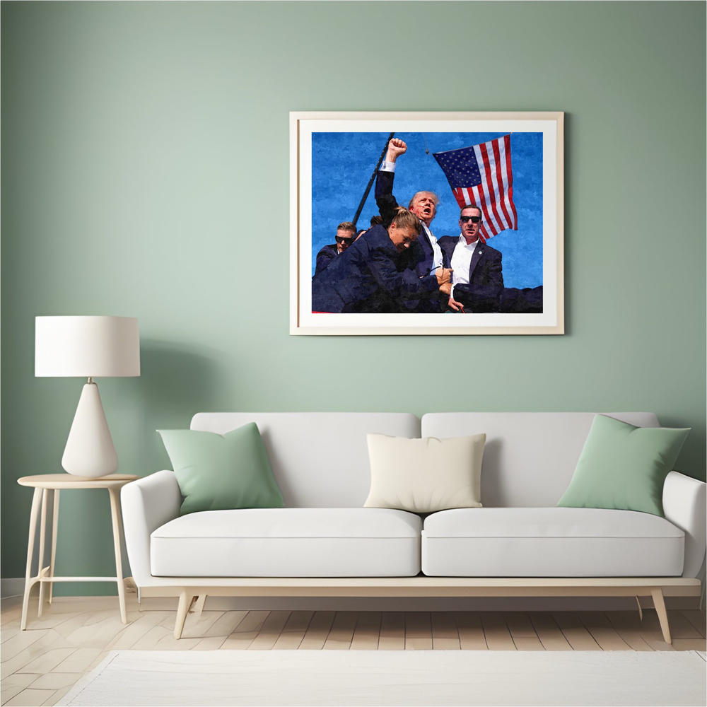 Donald Trump at Butler oil painting displayed in a green living room